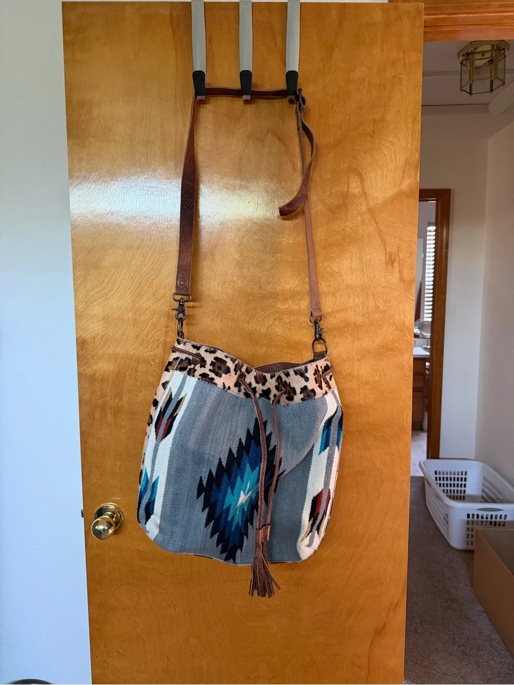 American Darling Blue and Teal Southwestern Shoulder Bag with Leopard Trim